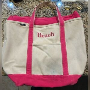 Lands End jumboCanvas “Beach” Tote Bag with Pink Trim 21x15